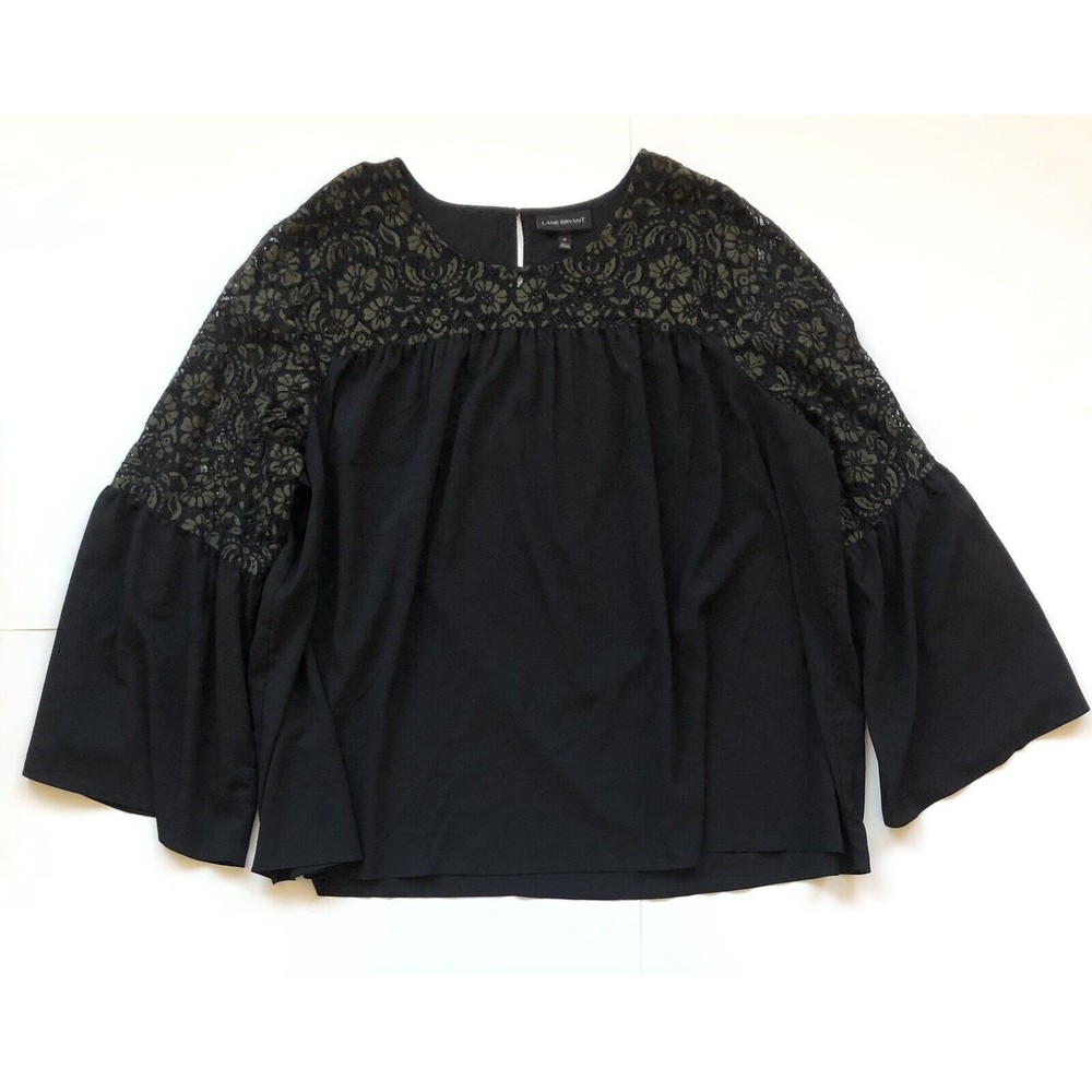 Lane Bryant Women’s Black Green Top Floral Lace Bell Sleeves Size 26